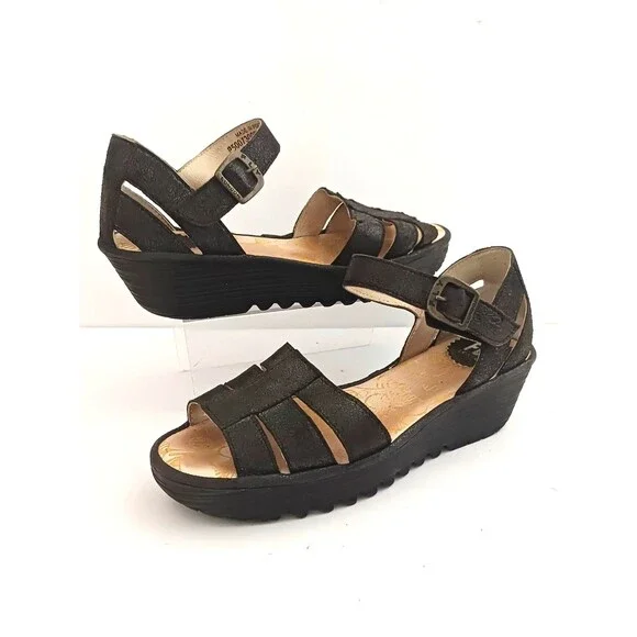 FLY London Rese730Fly Blk Leather Strappy Wedge Sandal Ankle Strap 39/8-8.5