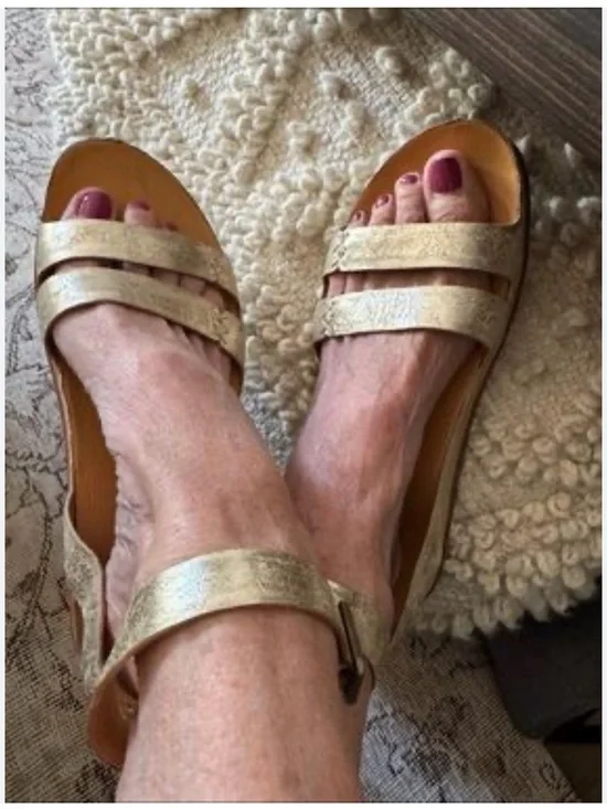 Kork-Ease Metallic Gold Leather Strappy Wedge Sandals
