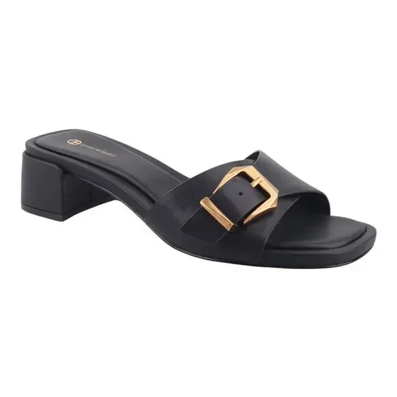 Giani Bernini Women's Kamilla Leather Buckle Block Heel Sandals Black Size 8