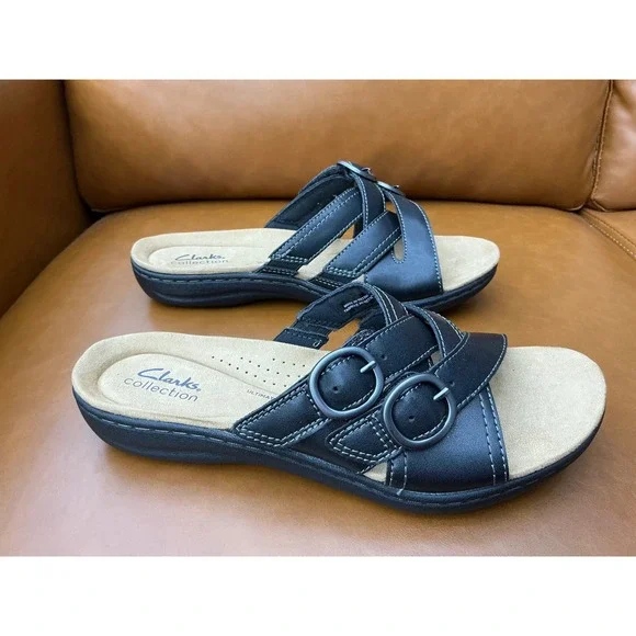 Clarks Laurieann Opal Sandals Womens 8 Black New Leather Slide Buckle