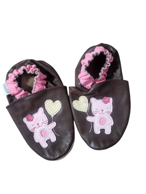 Robeez Leather Slippers Girls Size 3-4 Years Brown Pink Cat Slip On Shoes