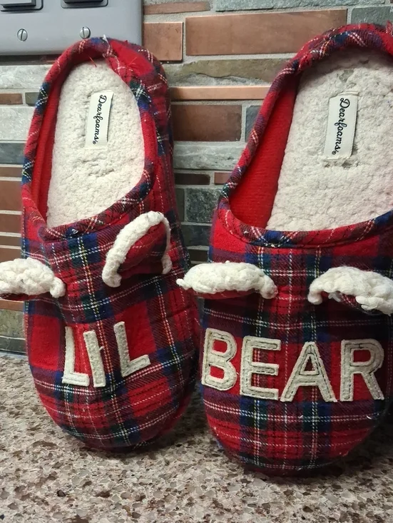 Dearfoams Red Plaid 'Lil Bear' Cozy Slip-On Slippers