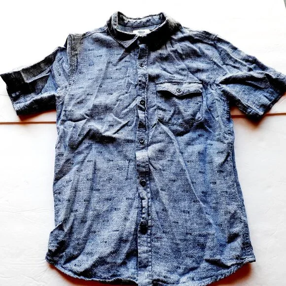 Old Navy Boys Shirt Button Down Blue Linen Blend Fish Short Sleeve Large 10-12