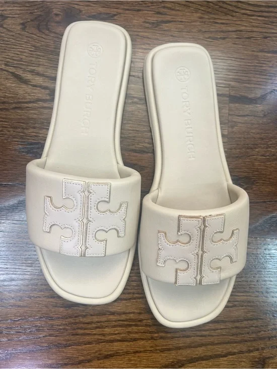 Tory Burch Cream Leather Logo Slide Sandals SZ.11