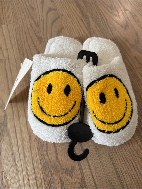 Kids White Terry Slippers with Yellow Smiley Face
