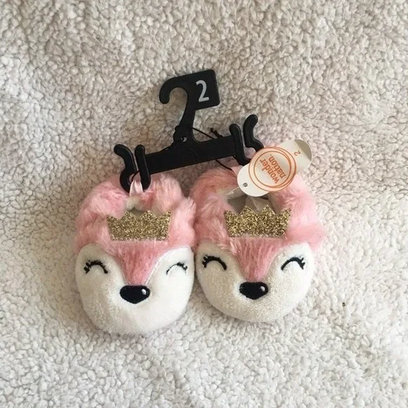 Wonder Nation Fox Slippers Baby Girls‎ Size 5 Pink NEW Glitter Crown Faux Fur