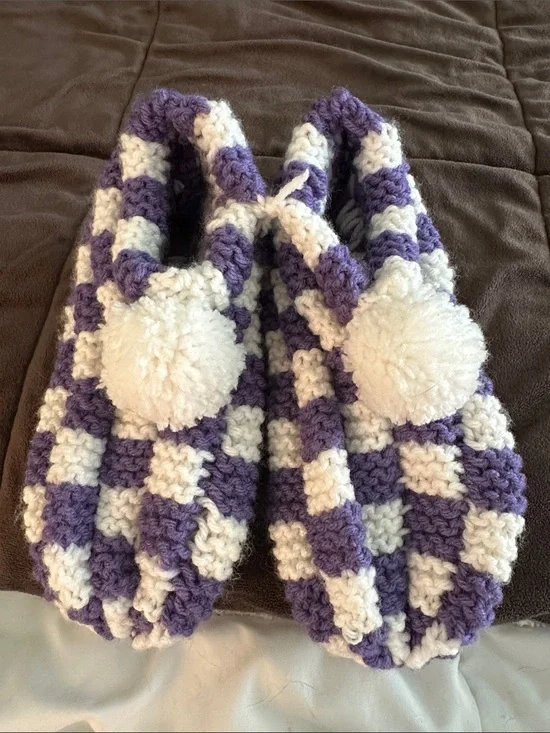 Purple & White Checkered Crochet Slippers with Pom-Poms - Kids Size 12-13