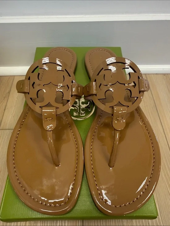 Tory Burch Tan Patent Leather Logo Thong Sandals
