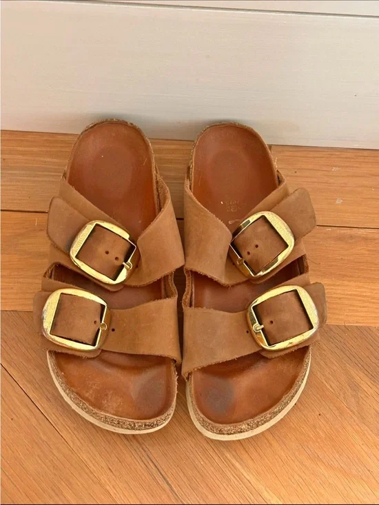 Birkenstock Brown Suede Double Strap Sandals with Gold Buckles