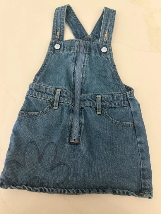 Old Navy Denim Jumper Dress in Blue with Floral Stitching