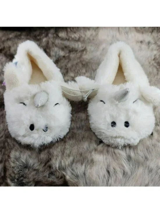 Love At First Sight Unicorn Girls Slippers 4-5T Plush Furry White With Sparkly H
