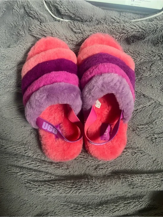 UGG Kids Pink Purple Coral Fluffy Slide Sandals