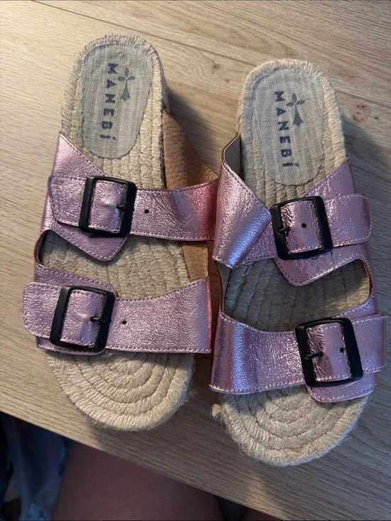 Manebi Pink Metallic Double-Buckle Slide Sandals