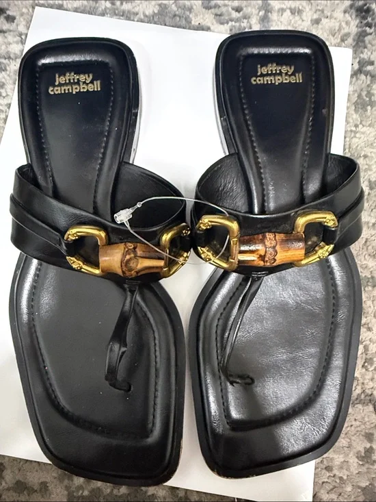 Jeffrey Campbell Black Leather Thong Sandals with Bamboo-Style Gold Hardware