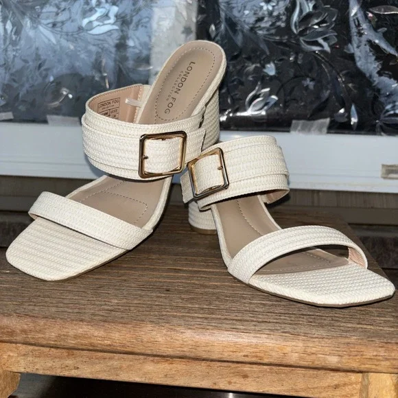 London Fog Cream Vaeda Sandals Womens 7.5 M Chunky Round Heel Buckle Square Toe