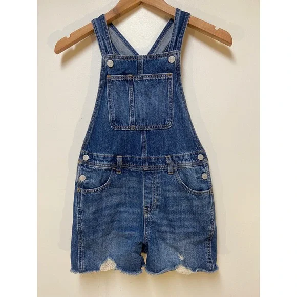 Old Navy Denim Shortalls Girls Size L 10-12 Blue Distressed Raw Hem Overalls