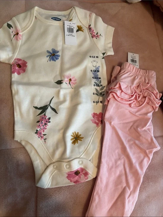 Old Navy Cream Floral Onesie with Pink Ruffle Leggings Set