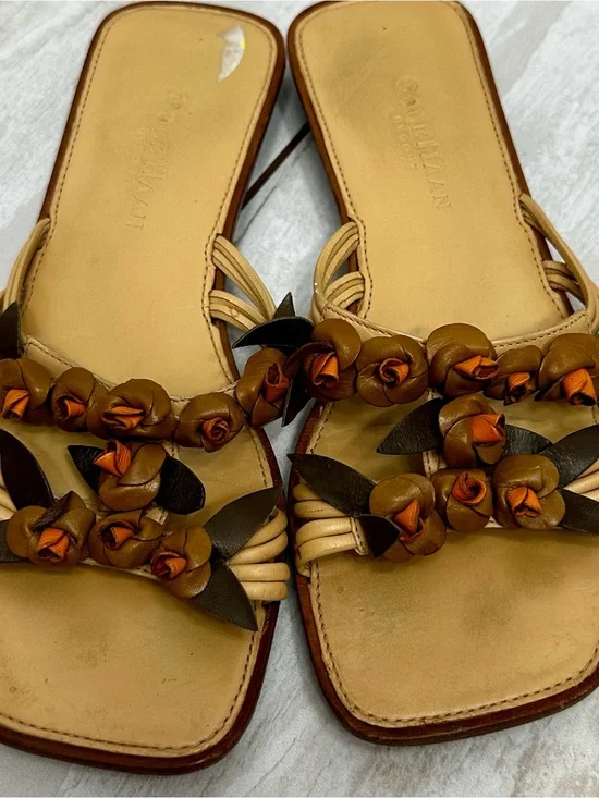 Cole Haan Resort Tan Brown Floral Rosettes Leather Slide Sandals Romantic Whimsy