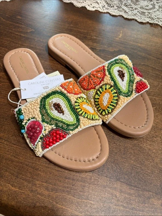 Caroline Constas Tan Slide Sandals with Multicolor Beaded Fruit Motif