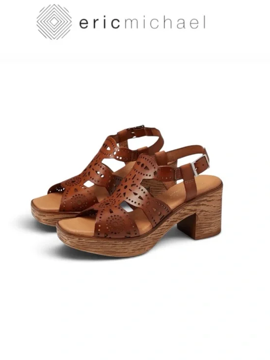 ERIC MICHAEL WHITNEY  COGNAC LEATHER LASER CUT PLATFORM BOHO SANDALS NIB EU 40