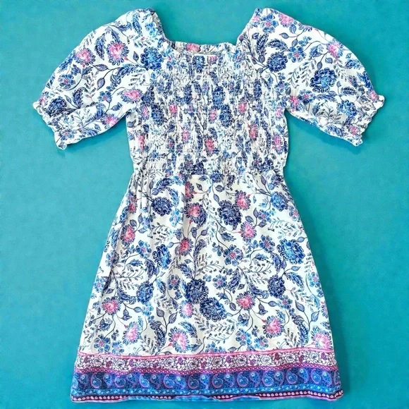 Old Navy Girl Dress Sz L Blue Floral Boho Peasant FairyCore Puff Slv Cottagecore