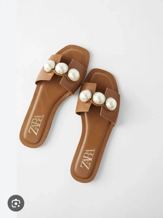 Zara Tan Slide Sandals with Pearl Accents