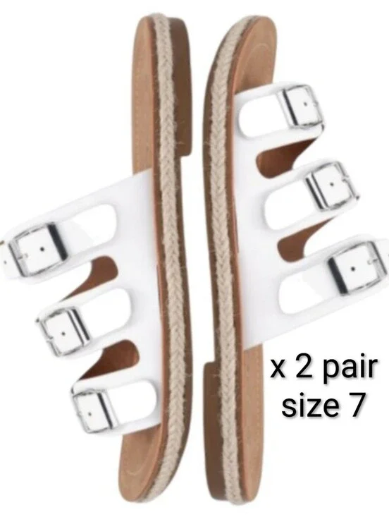 Two Pair Of Size 7 Soda White Triple Strap Sandals Buckle Slide Flat Sandals