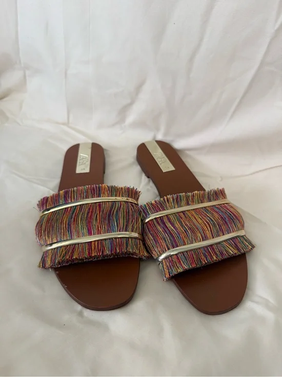Zara Multicolor Fringe Slide Sandals with Brown Footbed
