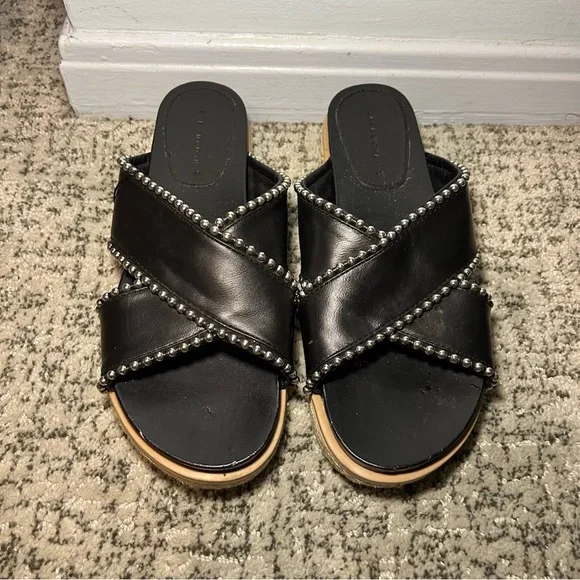 Zara Trafaluc Black & Silver Beaded Criss-Cross Chunky Platform Sandals Size 9