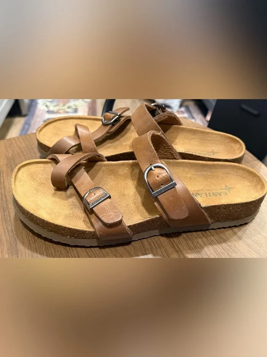 Eastland Womens 9M Leather Sandals Tiogo Brown Strap Cork Boho Festival Worn 1x