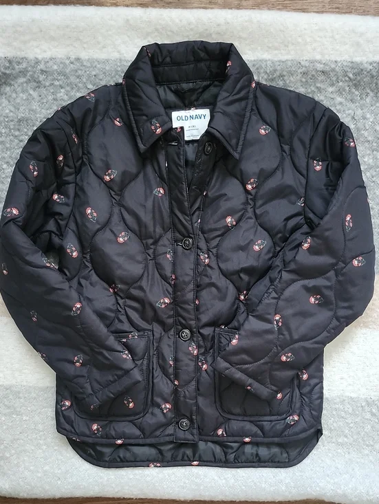 Old Navy Girls Black Quilted Floral Barn Jacket, Size Medium (8)