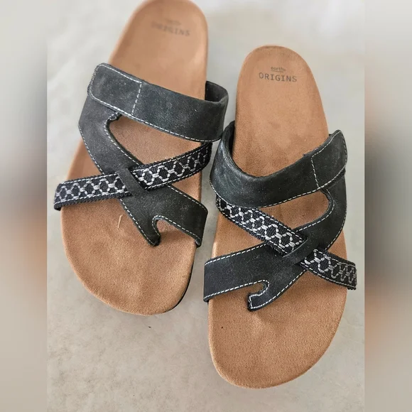 Earth Origins Black and Tan Suede Slide Sandals