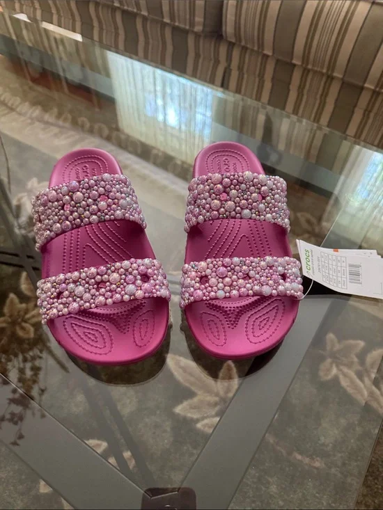 CROCS Pink Pearl-Embellished Double-Strap Slides