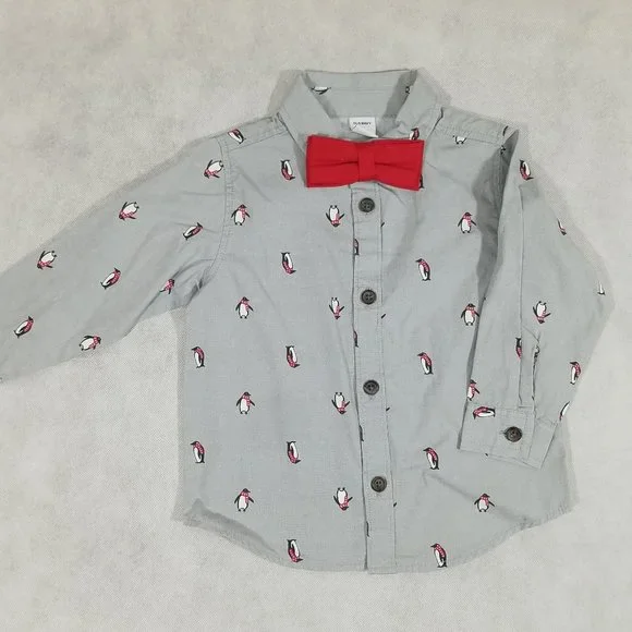 Old Navy‎ Button Down Shirt Gray Penguin Print and Bow Tie Boys Size 12-18 mo