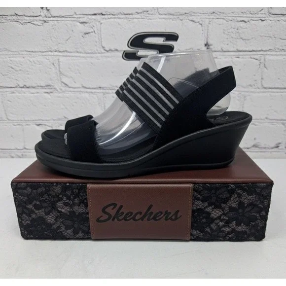 🔥Skechers 🖤Black Wedge Sandals Rumblers Strappy Lace Slip On Memory‎ Foam 11