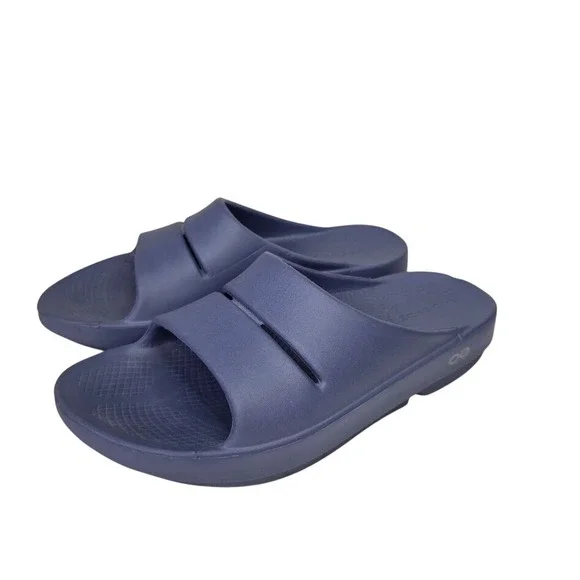 OOFOS Women 8 OOahh Recovery Slide Sandals Navy Blue Orthopedic Comfort Shoes