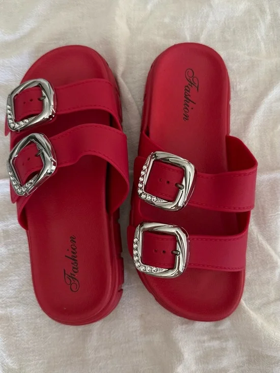 Red Rhinestone Buckle Slide Sandals