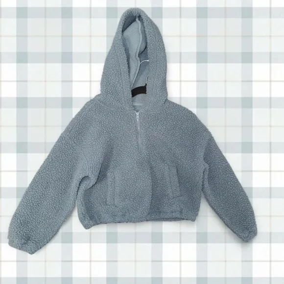 Old Navy Girls Blue Sherpa Fleece Hoodie Size S (6–7) Quarter Zip Pullover Cozy