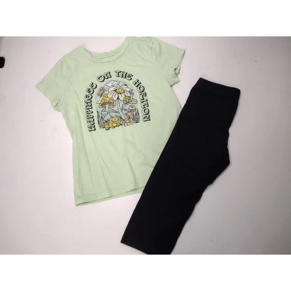 Old Navy Frog Mushroom Graphic Tee & Cat Jack Black Crop Leggings Set S 6-6X