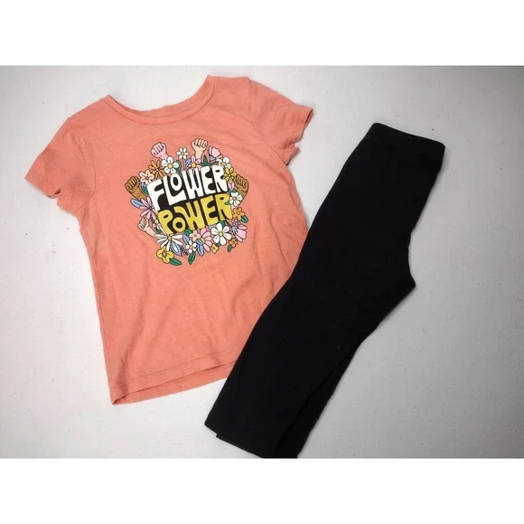Old Navy Flower Power Graphic Tee and Cat & Jack Black Crop Leggings Set Size 6