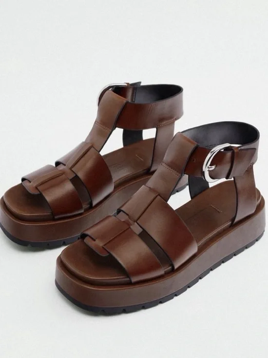 Zara Womens Size EUR 36 US 6 Brown Leather Buckle Fisherman Platform Sandals