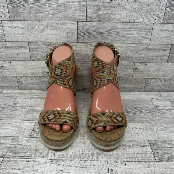 WHITE‎ MOUNTAIN Womens Pearl Espadrille Wedge Sandal Shoe  Tan Brown Aztec 8.5M