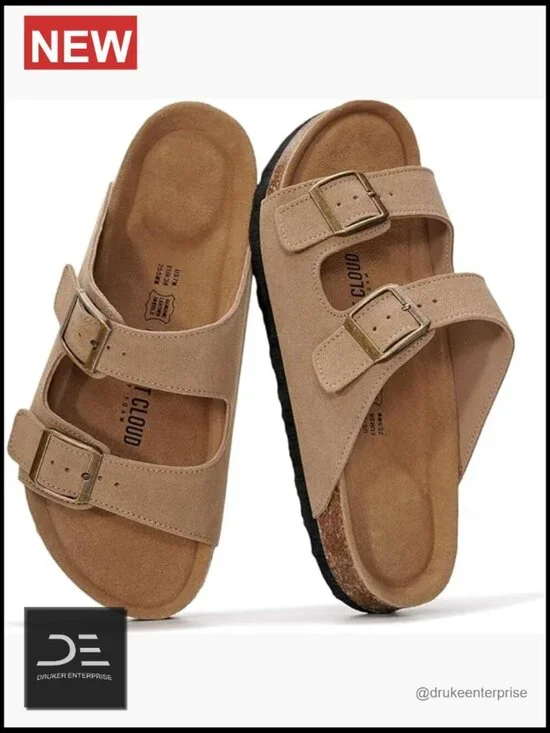 Genuine Leather Slide Sandals with Memory Foam Cork Footbed Arch Support