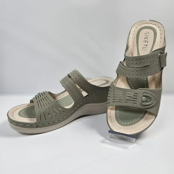 NEW Siketu Womens 36 Sage‎ Green Laser Cut Wedge Sandals Comfort Slide Shoes