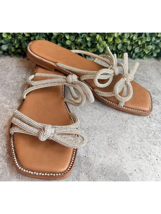 Steve Madden Maddison Rhinestone Bow Square Toe Slide Sandals - Size 8