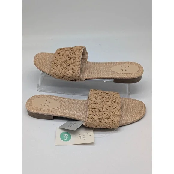 A New Day Ariella Slide Sandals Tan Woven Raffia Women's 8.5 NWT Memory Foam