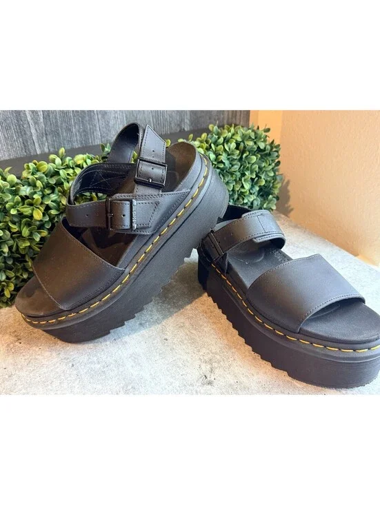 Dr. Martens Voss Quad Leather Women's Platform Sandals - Yellow Stitching Size 8