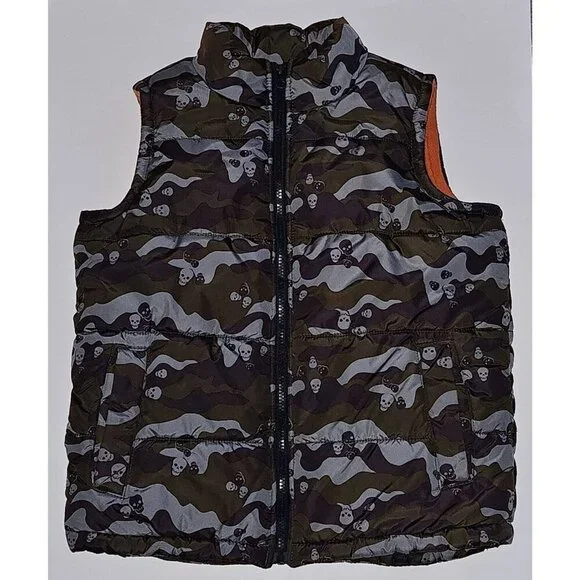 Old Navy Camouflage Skull Skeleton Puffer Vest Full-Zip Youth Medium 8 Halloween