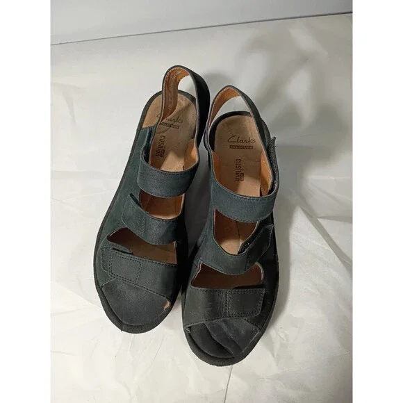 CLARKS BLACK SUEDE PLATFORM WEDGE SLINGBACK OPEN-TOE Adjustable SANDALS WOMEN 7M