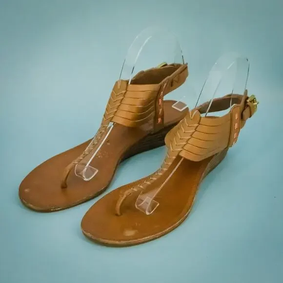Coach Size 8 Brown Tan Leather Orange Ankle Strap Buckle Thong Flip Flop Sandals